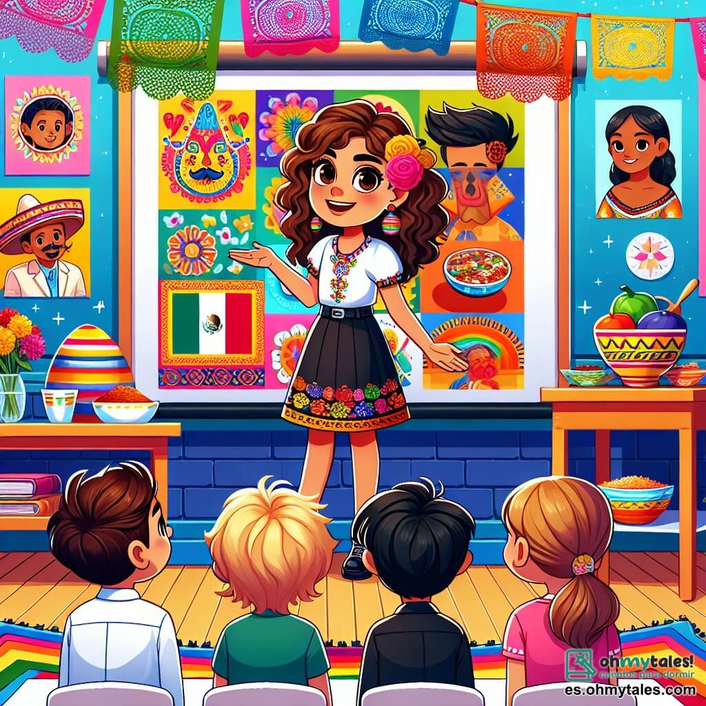 Une illustration sous forme de dessin destinée aux enfants représentant une salle de classe colorée de l'école primaire "Arcoíris", où une fille de 11 ans, avec des cheveux bruns bouclés et une peau claire, se tient au centre, souriante et confiante, en train de présenter un mural vibrant sur la culture mexicaine, tandis que deux de ses camarades, un garçon aux cheveux noirs et à la peau mate, et une fille aux cheveux blonds et à la peau claire, l'écoutent attentivement, entourés de décorations colorées et de plats typiques, illustrant l'importance de la diversité et du respect entre les cultures.