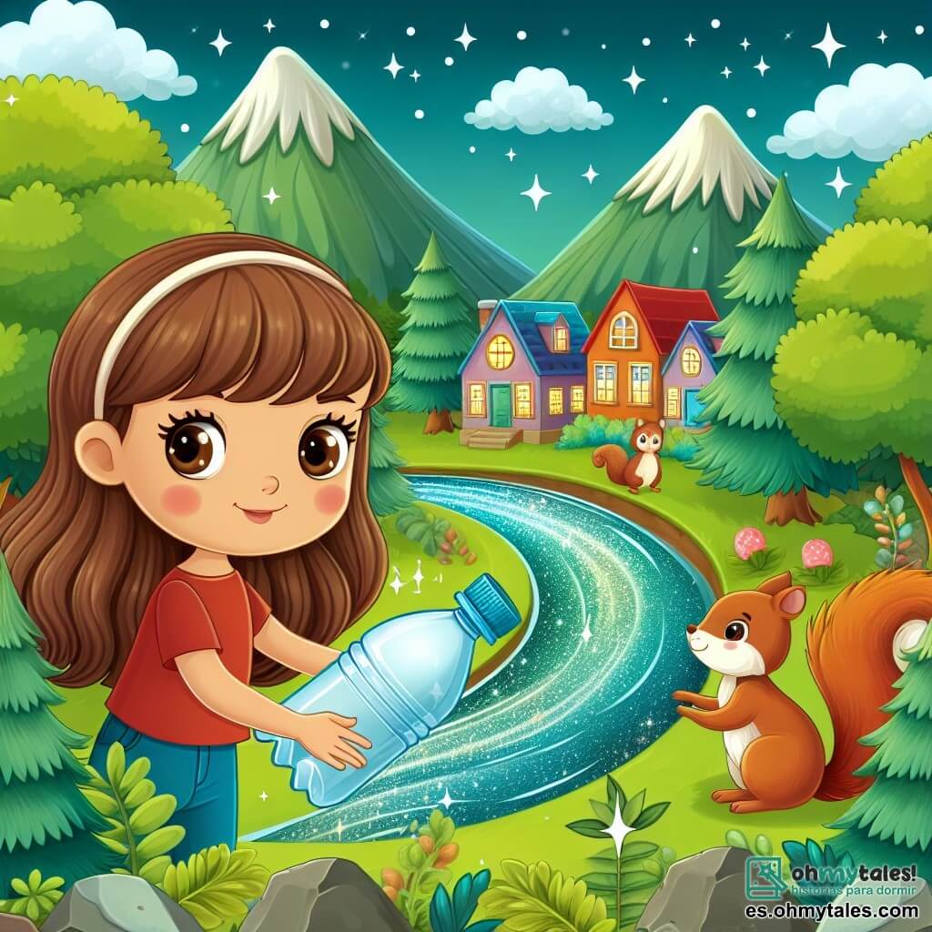 Une illustration destinée aux enfants représentant une petite fille curieuse, entourée de verdoyantes montagnes, découvrant une mystérieuse bouteille en plastique, avec l'aide d'un adorable écureuil, dans un charmant village coloré bordé d'une rivière scintillante.