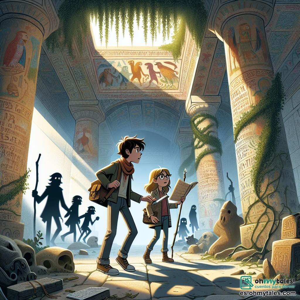 Ilustración que representa una escena cautivadora dentro de un antiguo templo perdido, con paredes adornadas con frescos coloridos y lianas verdes. La luz se filtra a través de las grietas en el techo, creando sombras danzantes en el suelo de piedra. En el centro de la imagen, un joven de cabello castaño desordenado y ojos brillantes de curiosidad sostiene un antiguo rollo de pergamino en una mano y un bastón en la otra, listo para descifrar los misterios del lugar. A su lado, una joven de unos doce años, con cabello largo y rubio, lleva gafas y sostiene un cuaderno de notas, observando atentamente las inscripciones en las paredes con una mirada concentrada. En el fondo, un grupo de siluetas oscuras, representando cazadores sigilosos, se perfila en la entrada del templo, añadiendo una tensión palpable a la escena. Plantas exóticas y tesoros antiguos están esparcidos a su alrededor, reforzando la atmósfera de aventura y descubrimiento.
