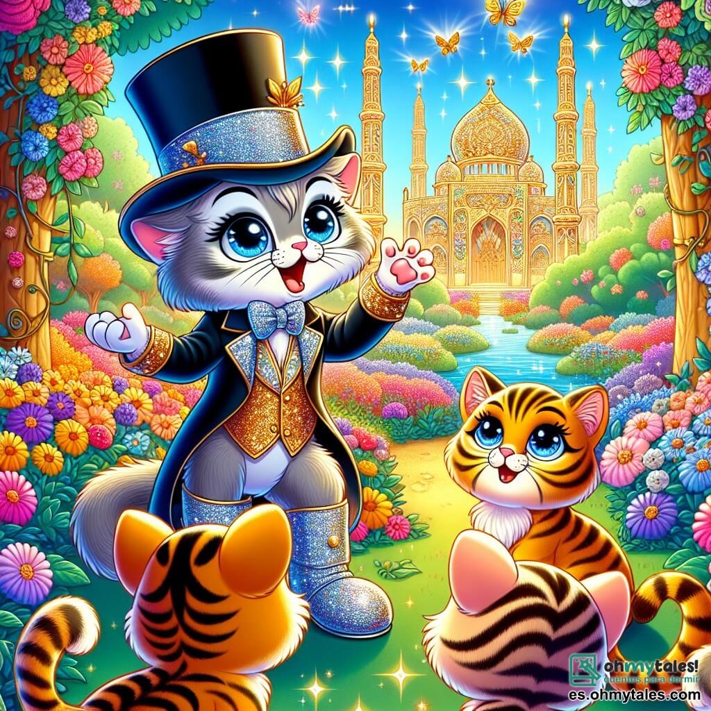 Une illustration sous forme de dessin destinée aux enfants représentant un jardin coloré et enchanteur dans le royaume de Purrlandia, où un chat élégant avec un chapeau haut de forme et des bottes brillantes, aux yeux malicieux, explique avec passion l'importance de protéger la nature à un groupe de jeunes chatons aux pelages variés, dont une petite chatte tigrée aux yeux pétillants, qui l'écoute attentivement en levant la patte pour poser une question, tandis que des fleurs éclatantes et des arbres aux feuilles scintillantes forment un décor magique, symbolisant l'unité et la responsabilité collective envers l'environnement.