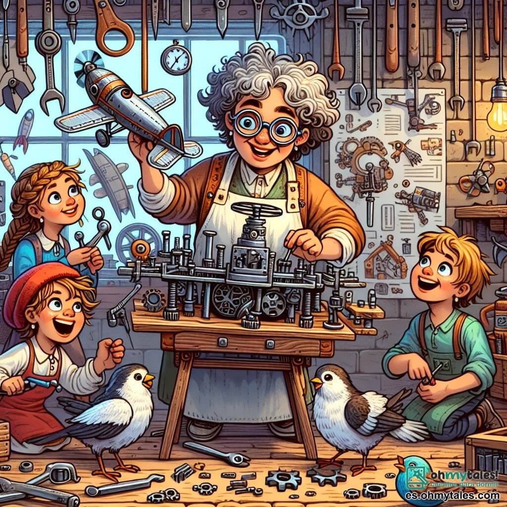 Une illustration sous forme de dessin destinée aux enfants représentant un atelier coloré rempli d'outils et de pièces de métal, où une femme aux cheveux bouclés et ébouriffés, portant de grandes lunettes et un tablier, travaille avec enthousiasme sur un robot volant, entourée de trois enfants : une fille aux cheveux tressés qui tient une hélice, un garçon avec une casquette rouge qui assemble des pièces, et un autre garçon aux cheveux bruns qui observe avec émerveillement, tandis qu'un groupe d'oiseaux curieux s'approche du robot en quête de nourriture.
