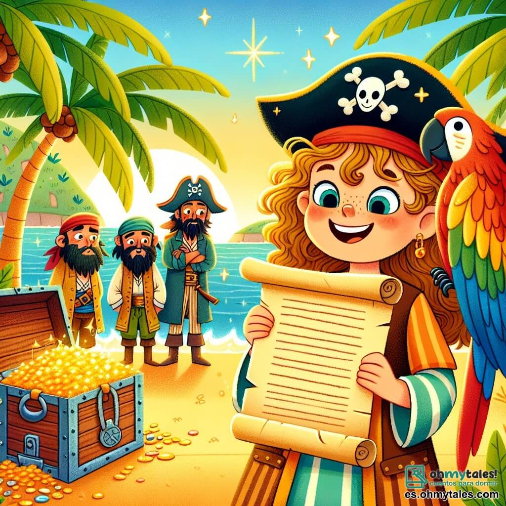 Une illustration sous forme de dessin destinée aux enfants représentant une île tropicale ensoleillée avec des palmiers et une plage de sable doré, où une femme pirate courageuse aux cheveux longs et bouclés, portant un chapeau de pirate et un sourire éclatant, tient un vieux parchemin en regardant un groupe de pirates malveillants, des hommes aux barbes hirsutes et aux vêtements déchirés, qui semblent hésiter à partager un trésor scintillant découvert dans un grand coffre en bois, tandis qu'un perroquet coloré se perche sur son épaule, ajoutant une touche de magie à cette scène d'aventure et d'amitié.