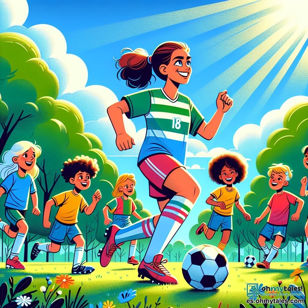 Ilustración que representa un parque verde y soleado, con majestuosos árboles y un cielo azul salpicado de nubes blancas y esponjosas. En el centro de la imagen, una joven atlética, con cabello castaño recogido en una alta coleta, lleva una camiseta de fútbol colorida y un short. Está driblando un balón de fútbol con una gran sonrisa, mostrando su pasión y entusiasmo por el juego. Alrededor de ella, varios niños de entre 8 y 10 años, chicos y chicas, con cabello variado (rubio, castaño y moreno) y vistiendo camisetas coloridas, la observan con admiración. Algunos intentan imitar sus movimientos, mientras que otros ríen y se animan. La escena captura un momento alegre donde la joven comparte su pasión por el fútbol con los niños, ilustrando el espíritu de equipo y la amistad. Elementos gráficos adicionales incluyen un balón de fútbol en el suelo, flores coloridas alrededor del campo y risas flotando en el aire, simbolizando la alegría y energía del momento.