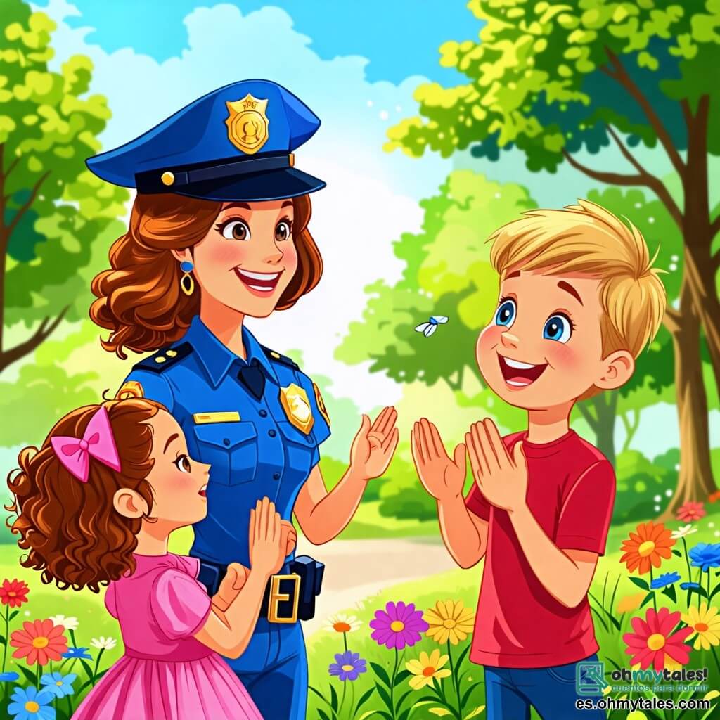 Une illustration sous forme de dessin destinée aux enfants représentant un parc ensoleillé avec des arbres verts et des fleurs colorées, où une femme policière souriante, portant un uniforme bleu et un chapeau brillant, discute joyeusement avec une fille aux cheveux bruns et bouclés, qui porte une robe rose et semble excitée, tandis qu'un garçon aux cheveux blonds et courts, vêtu d'un t-shirt rouge, applaudit avec enthousiasme, le tout illustrant un moment de camaraderie et d'apprentissage sur l'importance de la sécurité et de l'entraide.