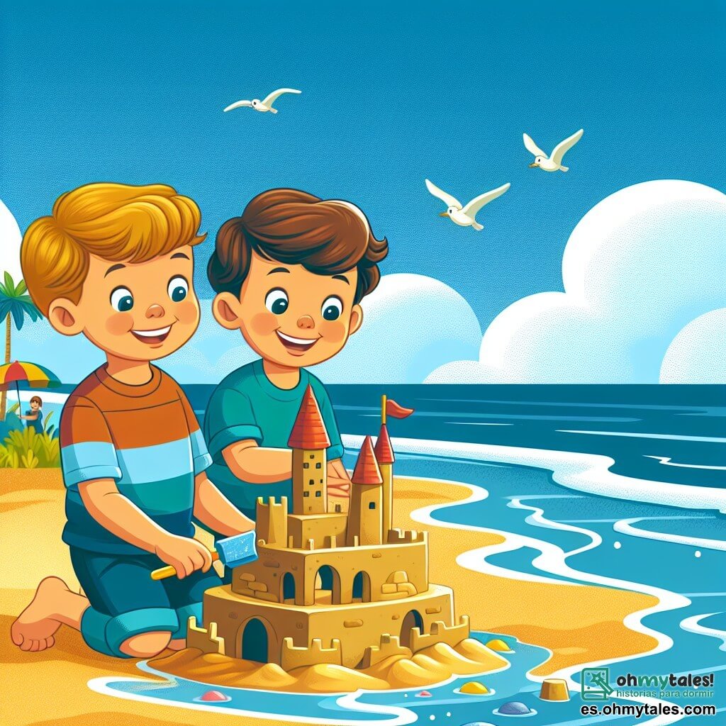 Une illustration destinée aux enfants représentant un garçon joyeux construisant un château de sable sur la plage, accompagné de sa petite sœur, une fille espiègle, sous un ciel bleu azur et des vagues douces qui viennent caresser le rivage de sable doré de Marinavilla.