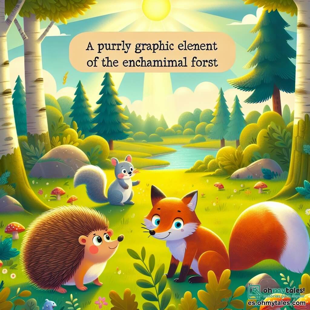 Une illustration destinée aux enfants représentant un hérisson courageux, un zorro blessé et une ardilla malicieuse dans la magnifique clairière ensoleillée du bois enchanté de Yolotl.