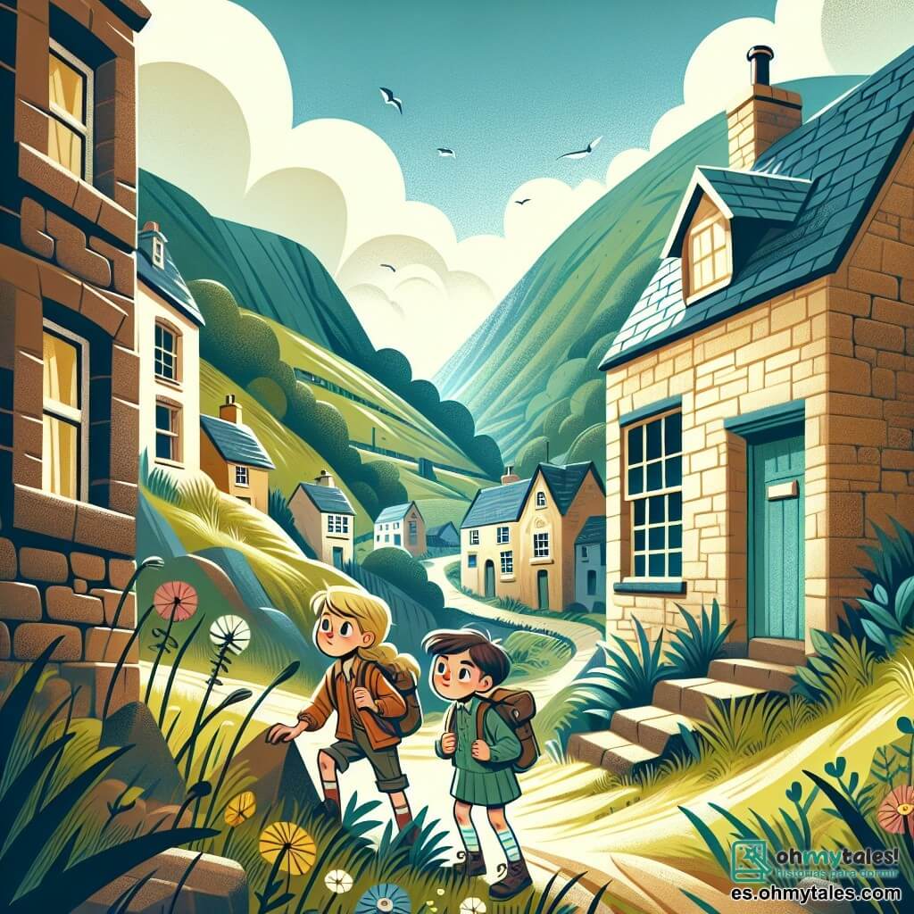 Une illustration destinée aux enfants représentant un jeune garçon curieux et aventureux, accompagné d'une fille courageuse, explorant une maison abandonnée au bout d'une rue étroite et sinueuse, dans un petit village pittoresque entouré de collines verdoyantes et de fleurs sauvages.