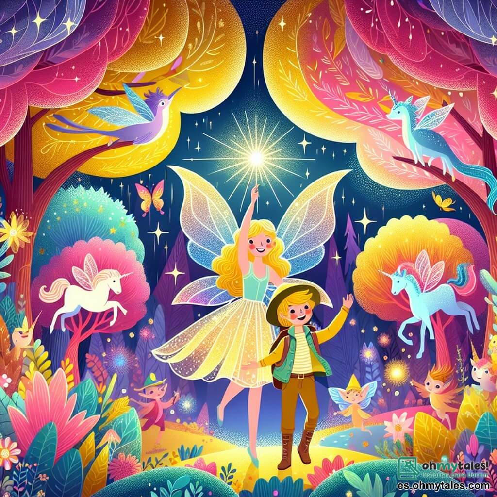 Une illustration destinée aux enfants représentant une fée lumineuse et étincelante, accompagnée d'un jeune explorateur, dans un somptueux Bosque Encantado rempli d'arbres brillants aux couleurs chatoyantes, de fleurs chantantes et de créatures fantastiques, comme des licornes, des dragons et des duendes.