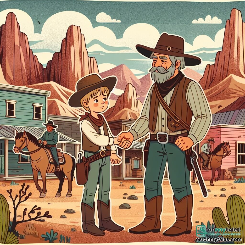 Une illustration destinée aux enfants représentant un jeune cow-boy courageux affrontant des hors-la-loi dans un village poussiéreux entouré de hautes montagnes et de vastes déserts, avec l'aide bienveillante du sage alcalde du pueblo.