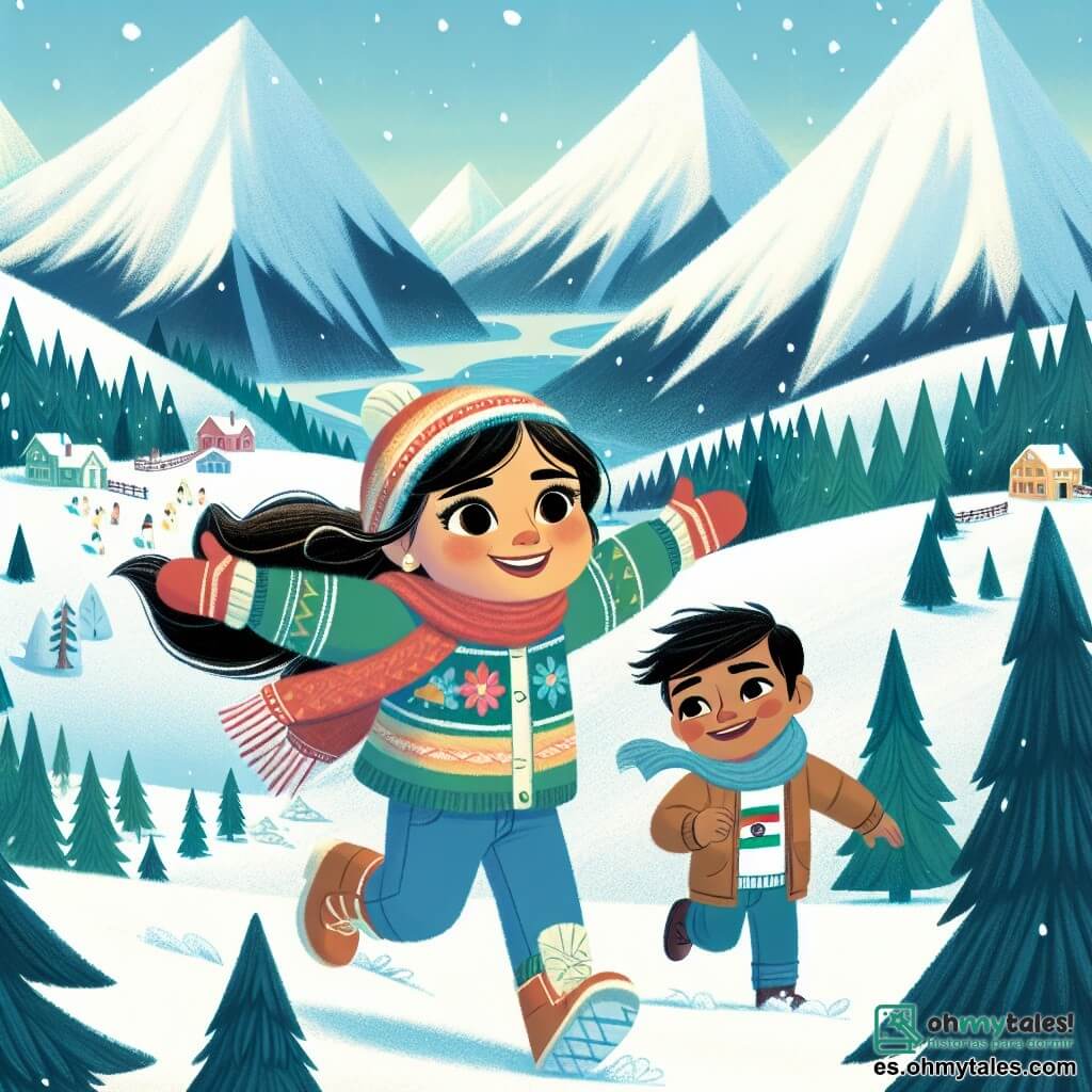 Une illustration destinée aux enfants représentant une jeune fille pleine d'énergie et d'enthousiasme, entourée de montagnes enneigées et de forêts hivernales, découvrant les merveilles de l'hiver avec son meilleur ami, tout en faisant preuve de solidarité envers un camarade en difficulté.
