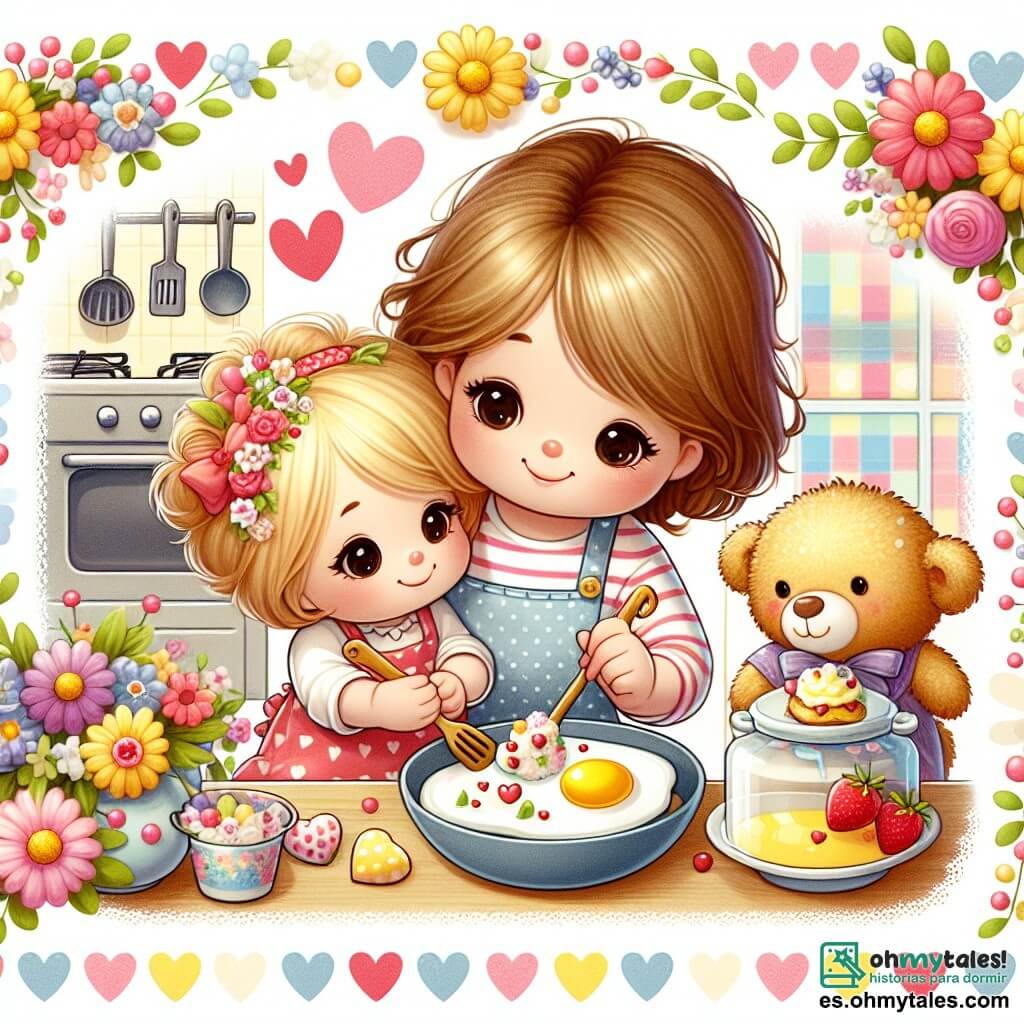Une illustration destinée aux enfants représentant une petite fille préparant un délicieux petit-déjeuner pour sa maman le jour de la fête des mères, avec l'aide de son fidèle ami en peluche, dans une cuisine lumineuse et colorée décorée de fleurs et de cœurs.
