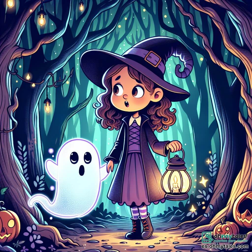 Une illustration sous forme de dessin destinée aux enfants représentant une forêt enchantée, sombre et mystérieuse, avec des arbres hauts aux branches tordues, où une fille de 11 ans, aux cheveux bruns et bouclés, vêtue d'un costume de sorcière avec un chapeau pointu, tient une lanterne allumée et regarde avec curiosité un petit fantôme transparent, aux yeux ronds et brillants, qui flotte à ses côtés, alors qu'ils se tiennent devant l'entrée d'une caverne scintillante, prêts à vivre une aventure magique et amicale pendant la nuit d'Halloween.