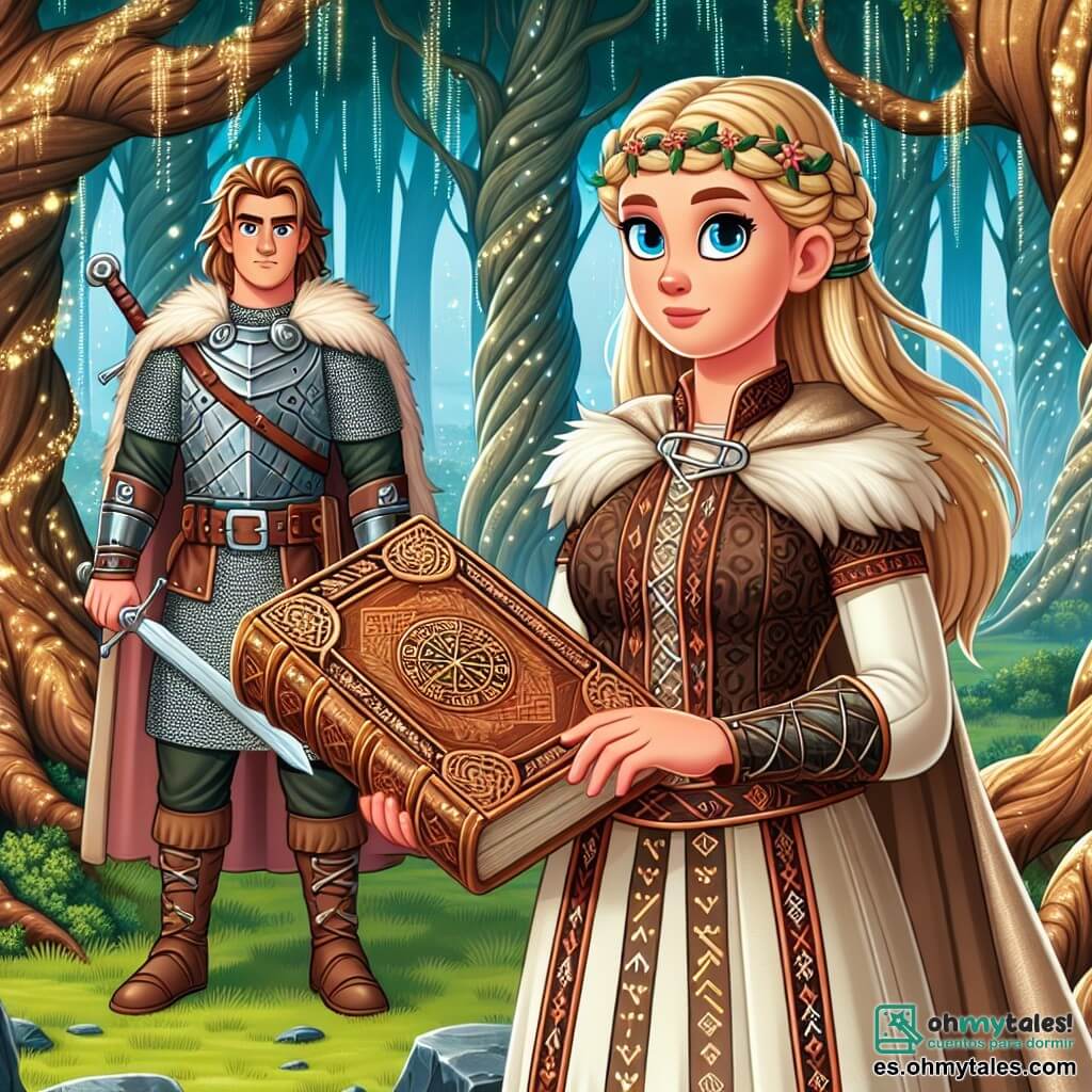 Une illustration sous forme de dessin destinée aux enfants représentant une vaste forêt enchantée, avec des arbres gigantesques aux troncs noueux et des feuilles scintillantes, où une jeune femme aux cheveux blonds flottants, vêtue d'une tunique viking ornée de runes, se tient déterminée, tenant un ancien livre magique dans ses mains, tandis qu'à ses côtés, un jeune homme aux traits nobles, avec des cheveux bruns et une armure légère, observe attentivement les environs, tous deux prêts à affronter un puissant gardien de l'obscurité pour récupérer un amuleto légendaire qui pourrait changer le cours du temps.