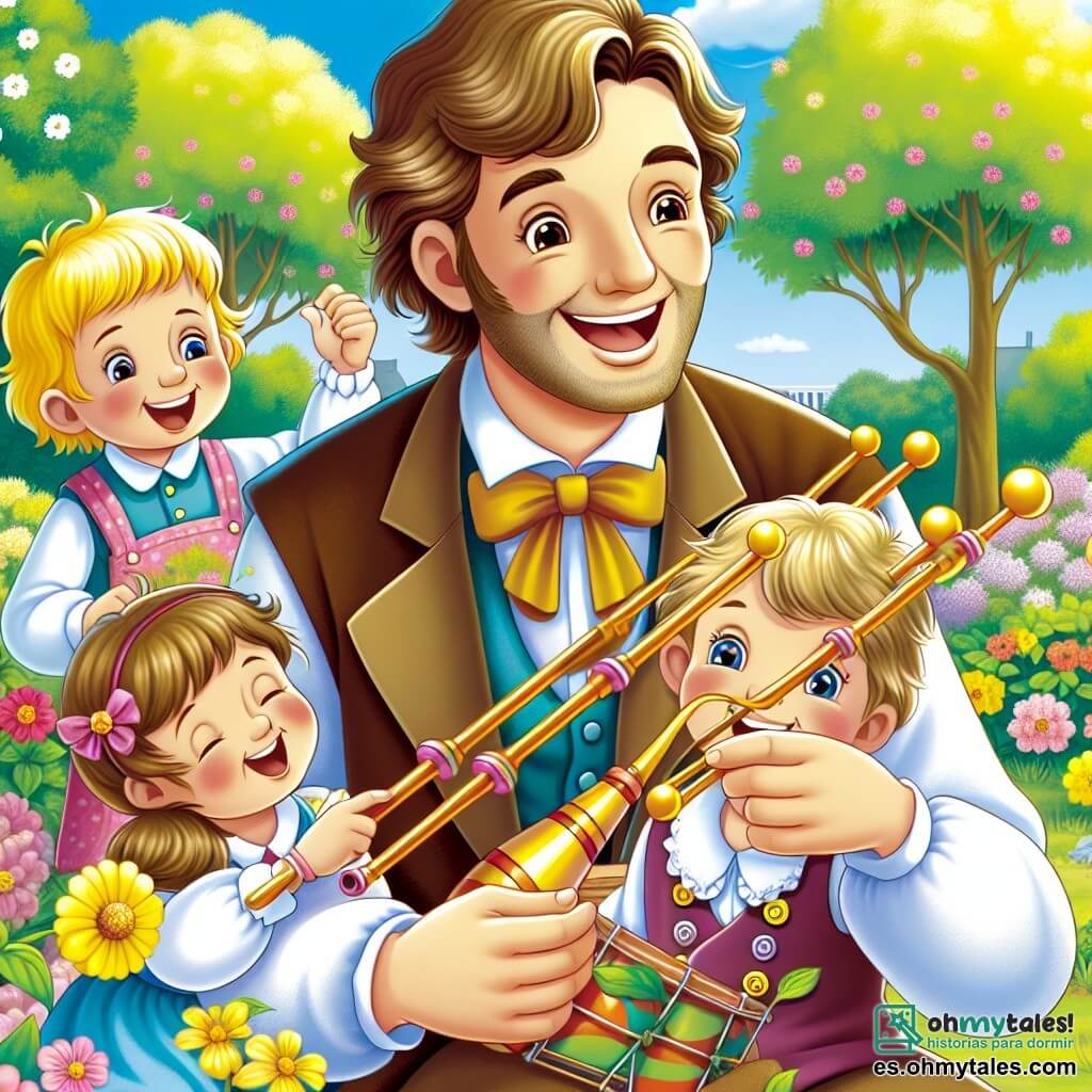 Une illustration destinée aux enfants représentant un homme souriant et joyeux, accompagné de deux enfants curieux, tous les trois jouant de la musique avec des instruments colorés, dans un parc ensoleillé rempli de fleurs et d'arbres verdoyants.