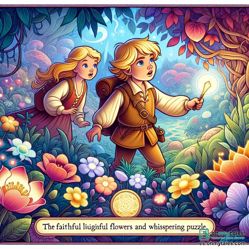Une illustration destinée aux enfants représentant un jeune garçon curieux et courageux, accompagné de sa fidèle amie, explorant un mystérieux jardin enchanté aux fleurs lumineuses et aux arbres murmurs, cherchant à résoudre un énigme fascinante.