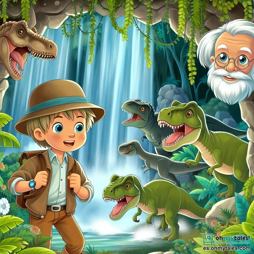 Une illustration destinée aux enfants représentant un jeune garçon passionné par les voyages dans le temps, se retrouvant soudainement entouré de dinosaures dans une jungle luxuriante et mystérieuse, accompagné d'un sage vieil homme aux yeux pétillants de malice, dans une grotte cachée derrière une cascade rugissante.