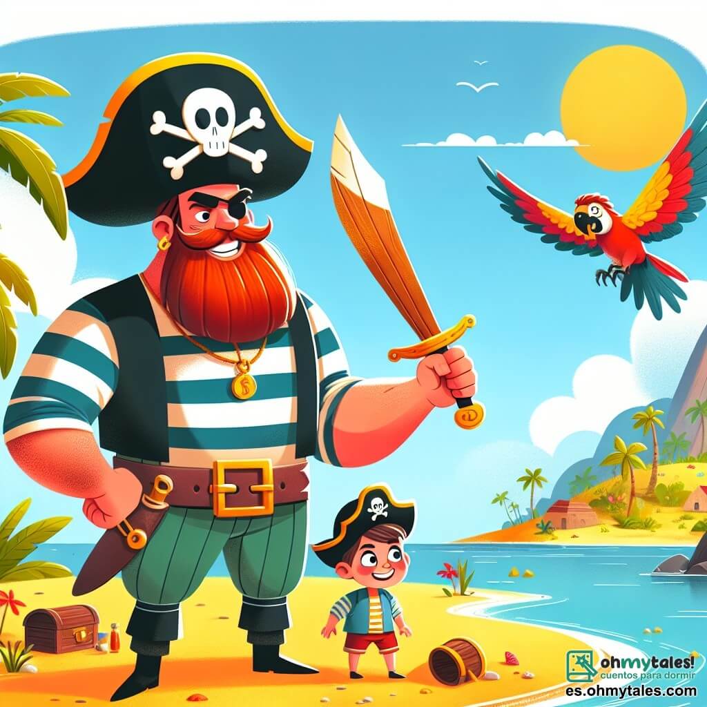 Une illustration sous forme de dessin destinée aux enfants représentant une île tropicale ensoleillée avec des palmiers et une plage de sable doré, où un homme grand et musclé avec une longue barbe rouge, vêtu d'un chapeau de pirate et d'une chemise rayée, brandit une épée en bois avec un air déterminé, tandis qu'à ses côtés, un garçon aux cheveux bruns portant une petite gorra de pirate et un sourire joyeux observe un perroquet coloré qui s'envole, le tout illustrant leur aventure pour retrouver un trésor caché dans une caverne mystérieuse.
