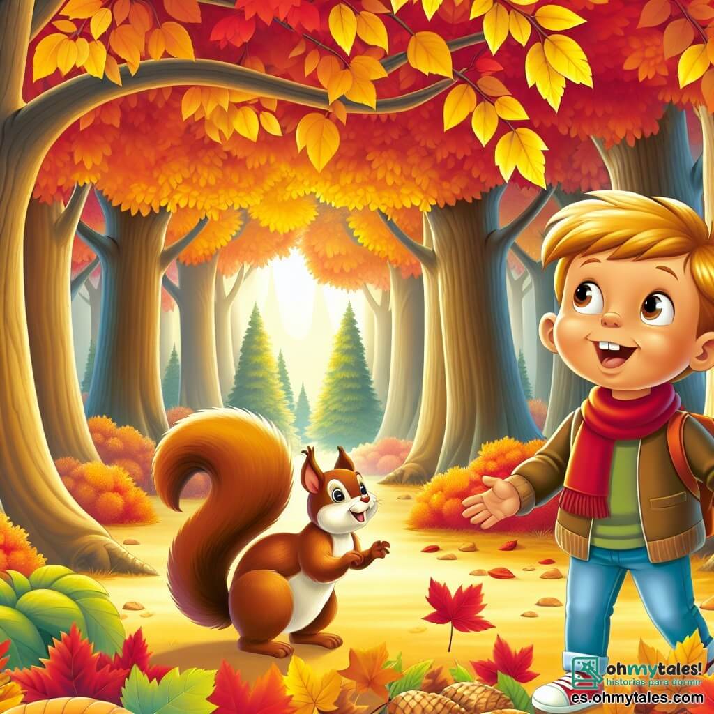 Une illustration destinée aux enfants représentant un jeune garçon émerveillé par les couleurs chatoyantes de l'automne, accompagné d'un joyeux écureuil, explorant un magnifique bosquet rempli d'arbres aux feuilles dorées et rougeoyantes.
