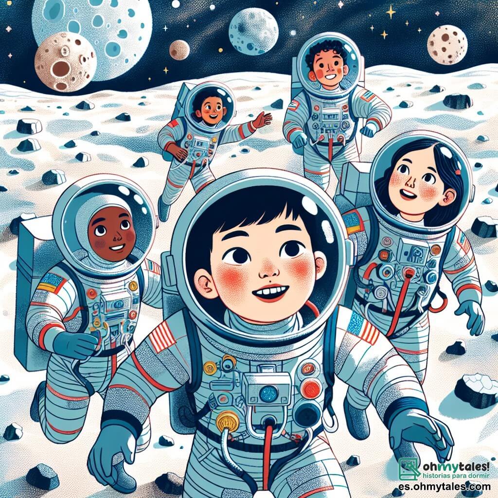 Une illustration destinée aux enfants représentant un jeune garçon passionné par l'espace, accompagné de ses amis curieux, explorant la surface lunaire parsemée de cratères et de roches scintillantes lors d'une mission spatiale palpitante.