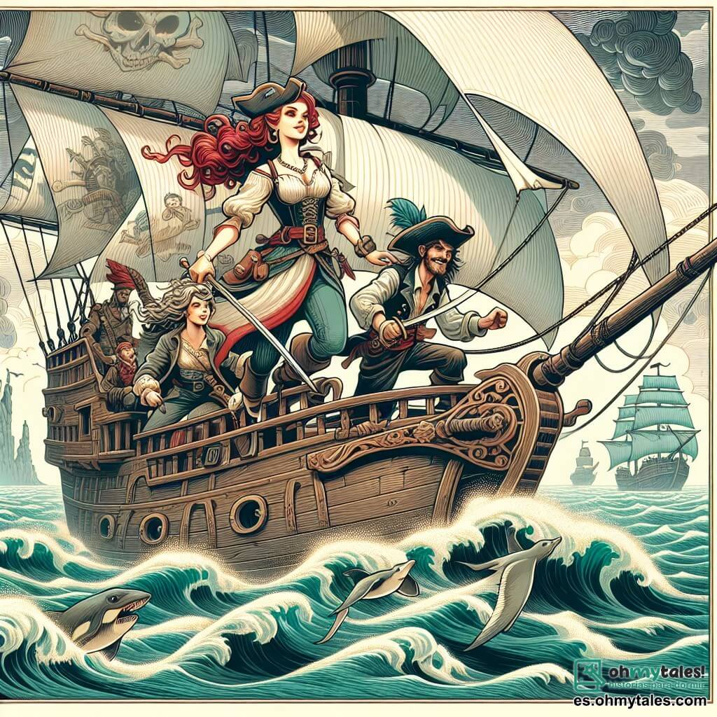 Une illustration destinée aux enfants représentant une courageuse capitaine pirate (fille) naviguant sur un navire majestueux avec sa fidèle équipage, comprenant un premier officier astucieux (garçon) et une navigatrice ingénieuse (fille), à travers des mers tumultueuses parsemées d'îles mystérieuses et de tempêtes menaçantes.