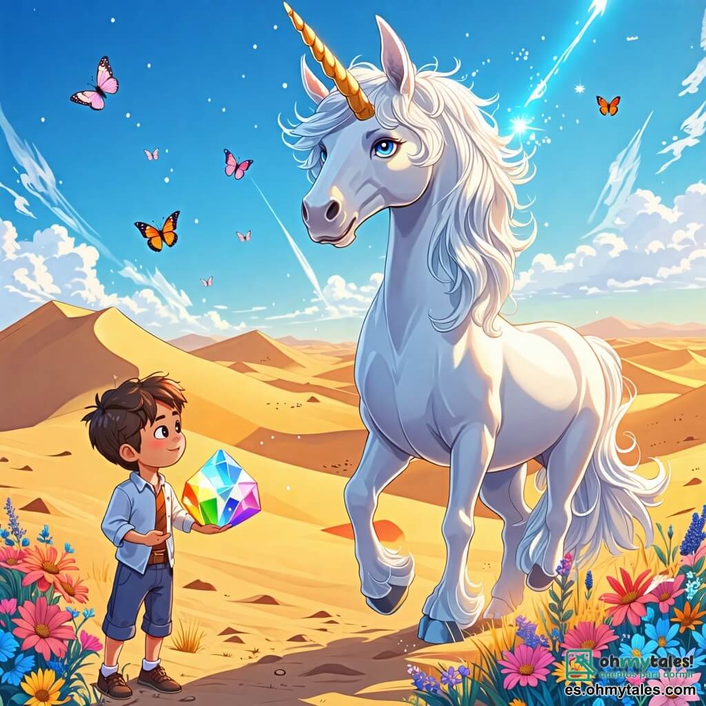 Une illustration sous forme de dessin destinée aux enfants représentant un vaste désert magique avec des dunes dorées scintillantes sous un ciel bleu éclatant, où une licorne majestueuse à la crinière argentée et au pelage blanc comme la neige se tient fièrement, entourée d'un jeune garçon curieux aux cheveux bruns et aux yeux pétillants, qui tient trois cristaux colorés dans ses mains, tandis qu'ils se préparent à briser un sortilège pour sauver l'eau des oasis, avec des fleurs colorées et des papillons virevoltant autour d'eux, créant une atmosphère de magie et d'aventure.