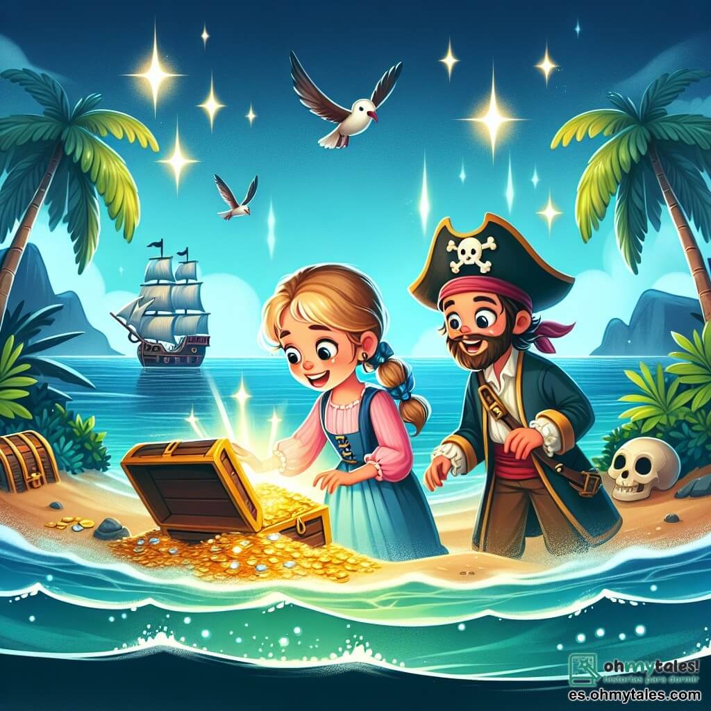 Une illustration destinée aux enfants représentant une courageuse capitaine pirate (fille) découvrant un trésor perdu avec son fidèle navigateur (garçon) sur une île tropicale baignée par les eaux scintillantes de l'océan.