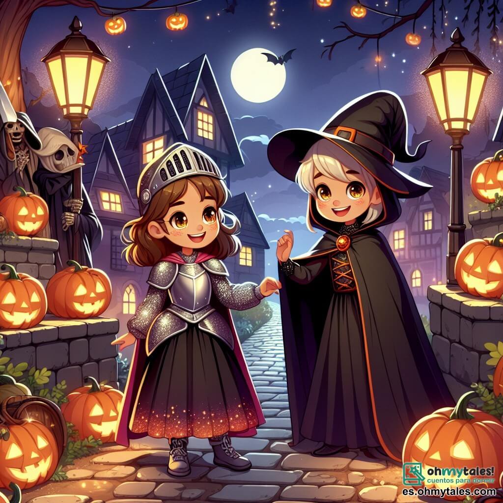 Une illustration sous forme de dessin destinée aux enfants représentant une scène magique d'Halloween dans une petite ville illuminée par des lanternes en forme de citrouilles, où une fille de 11 ans aux cheveux bruns et aux yeux pétillants, vêtue d'un costume de chevalier scintillant avec une cape rouge, se tient courageusement sur un pont enchanté, tandis qu'à ses côtés, sa meilleure amie, une fille de 11 ans en costume de sorcière avec une robe noire et un chapeau pointu, l'encourage avec un sourire, alors qu'elles affrontent ensemble un magicien maléfique à l'apparence mystérieuse, vêtu d'une longue cape noire, qui les défie avec un air amusé, créant une atmosphère de suspense et d'aventure au cœur de la nuit d'Halloween.