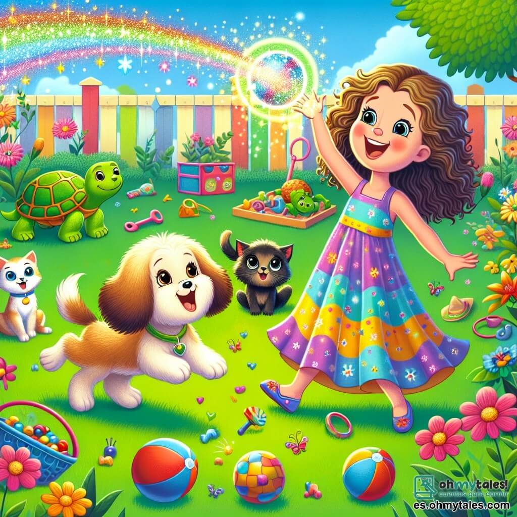 Ilustración que representa un jardín soleado, lleno de flores coloridas y juguetes esparcidos sobre la hierba verde. En el centro, una mujer alegre, con largos cabellos rizados y un vestido colorido, ríe a carcajadas mientras lanza una bola mágica que rebota de manera traviesa. A su lado, un pequeño perro de grandes orejas y pelaje marrón, con una expresión traviesa, salta en el aire, listo para atrapar la bola. Al fondo, amigos animales, como una tortuga verde con un caparazón brillante, un gato negro de ojos chispeantes y una rana verde, observan la escena con curiosidad y diversión. La bola mágica, rodeada de chispas coloridas, parece jugar al escondite con los personajes, creando una atmósfera de alegría y aventura.