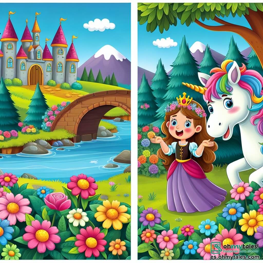Une illustration destinée aux enfants représentant une princesse maladroite se retrouvant dans des situations comiques avec l'aide d'un adorable licorne farceur, dans un royaume enchanté rempli de fleurs multicolores, arbres majestueux et rivières cristallines.