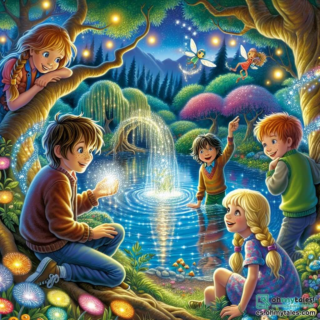 Ilustración que representa un hermoso lago brillante en un bosque encantado, rodeado de árboles con troncos retorcidos y hojas multicolores. Flores luminosas bailan al borde del agua, mientras pequeñas criaturas aladas flotan alegremente en el aire. En primer plano, un niño de unos 10 años, con cabello castaño alborotado y una sonrisa radiante, sostiene un cristal brillante en sus manos. A su lado, una niña de 9 años, con largos cabellos rubios trenzados y ojos chispeantes, mira el lago con asombro. Otro niño, de 10 años, con gafas y pecas, señala una criatura mágica que emerge del agua. Finalmente, una niña de 8 años, con coletas y un vestido colorido, se agacha para tocar el agua, fascinada por su reflejo. La situación principal muestra a los cuatro amigos, unidos en su búsqueda por recuperar un cristal mágico al borde del lago, rodeados de una atmósfera de misterio y magia, con destellos de luz emanando del cristal y risas flotando en el aire. Elementos gráficos como burbujas de diálogo con palabras de aliento y estrellas brillantes añaden un toque de fantasía a esta escena de aventura.