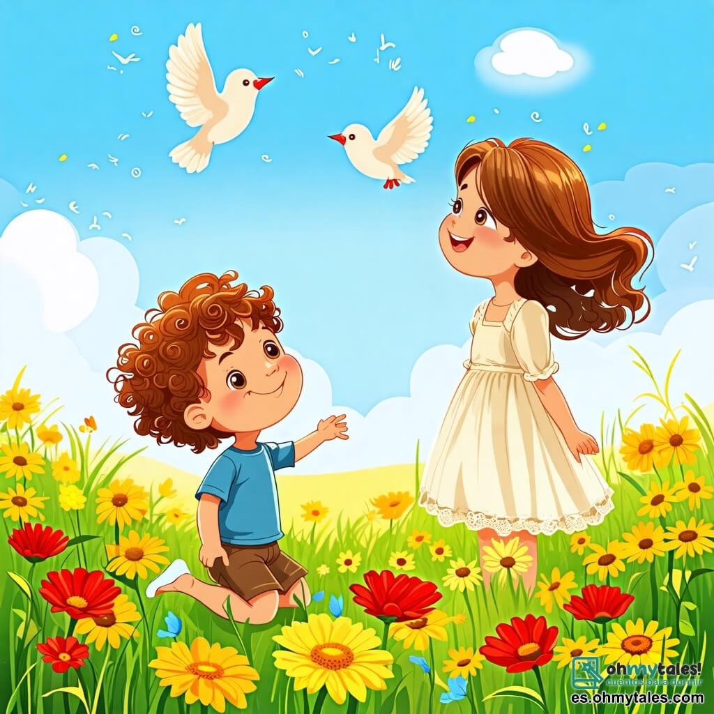 Une illustration sous forme de dessin destinée aux enfants représentant un champ verdoyant en pleine floraison au printemps, avec un garçon de 2 ans aux cheveux bouclés et aux yeux pétillants, qui s'agenouille en admirant des fleurs jaunes et rouges, tandis qu'une maman souriante, aux cheveux châtains et portant une robe légère, se tient à proximité en observant les oiseaux qui chantent dans le ciel bleu, créant une atmosphère joyeuse et colorée.