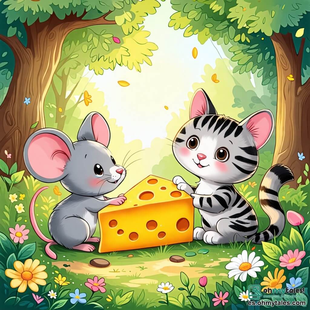 Une illustration sous forme de dessin destinée aux enfants représentant une charmante clairière ensoleillée du bois, où une petite souris grise aux yeux pétillants et aux grandes oreilles, souriante, partage un gros morceau de fromage avec un chat aux poils doux et rayés, assis à côté d'elle, tous deux entourés de fleurs colorées et d'arbres verdoyants, illustrant l'amitié et le bonheur de partager.