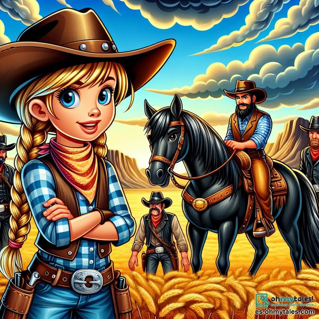 Une illustration sous forme de dessin destinée aux enfants représentant une vaste prairie dorée sous un ciel bleu éclatant, où une jeune cow-girl aux cheveux longs et blonds tressés, vêtue d'un chapeau de cowboy et d'une chemise à carreaux, monte fièrement son mustang noir nommé Tornado, tandis qu'un groupe de vaqueros, tous des hommes robustes en chapeaux de cowboy et vestes en cuir, se rassemblent autour d'elle, prêts à l'écouter alors qu'elle explique son plan audacieux pour récupérer l'or volé par des bandits, avec des montagnes sombres en arrière-plan et des nuages menaçants qui ajoutent une touche de tension à l'atmosphère.
