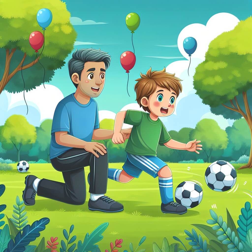 Une illustration destinée aux enfants représentant un jeune homme passionné de football, s'entraînant avec acharnement aux côtés d'un entraîneur bienveillant, dans un parc verdoyant où les arbres dansent au rythme des dribbles et où le ciel est parsemé de ballons multicolores.
