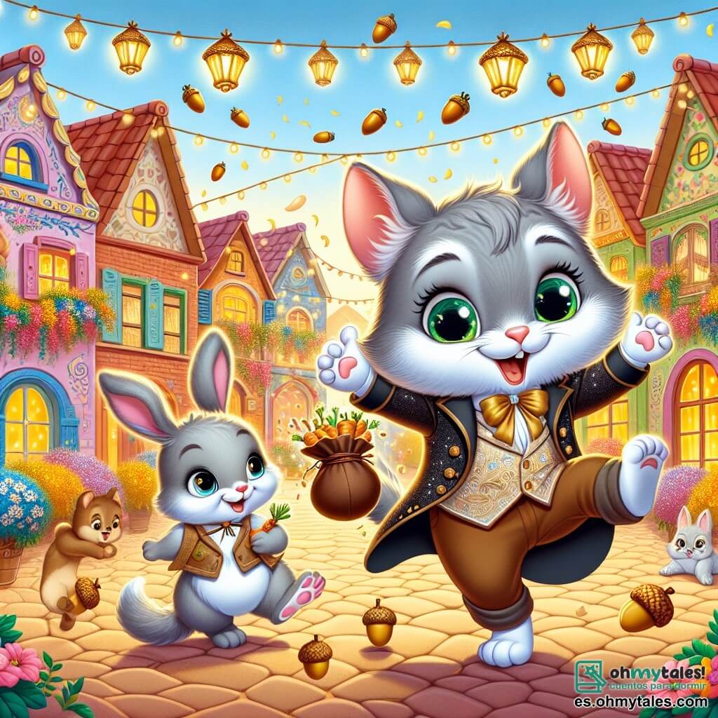 Ilustración que representa una escena animada en una encantadora plaza de pueblo, rodeada de casas coloridas con techos de tejas y flores brillantes. En el centro, un gato de suave pelaje gris y ojos verdes chispeantes, con una expresión alegre, baila sobre sus patas traseras, rodeado de bellotas doradas que caen como confeti. A su lado, una pequeña coneja de grandes orejas y pelaje blanco, que lleva una pequeña mochila llena de zanahorias, salta de alegría, mientras un perro de pelaje marrón y orejas grandes, con un aire entusiasta, mueve la cola aplaudiendo. La escena irradia una atmósfera festiva, con guirnaldas luminosas colgando y animales de todo tipo que bailan y se divierten, creando un ambiente de fiesta alegre y amigable.