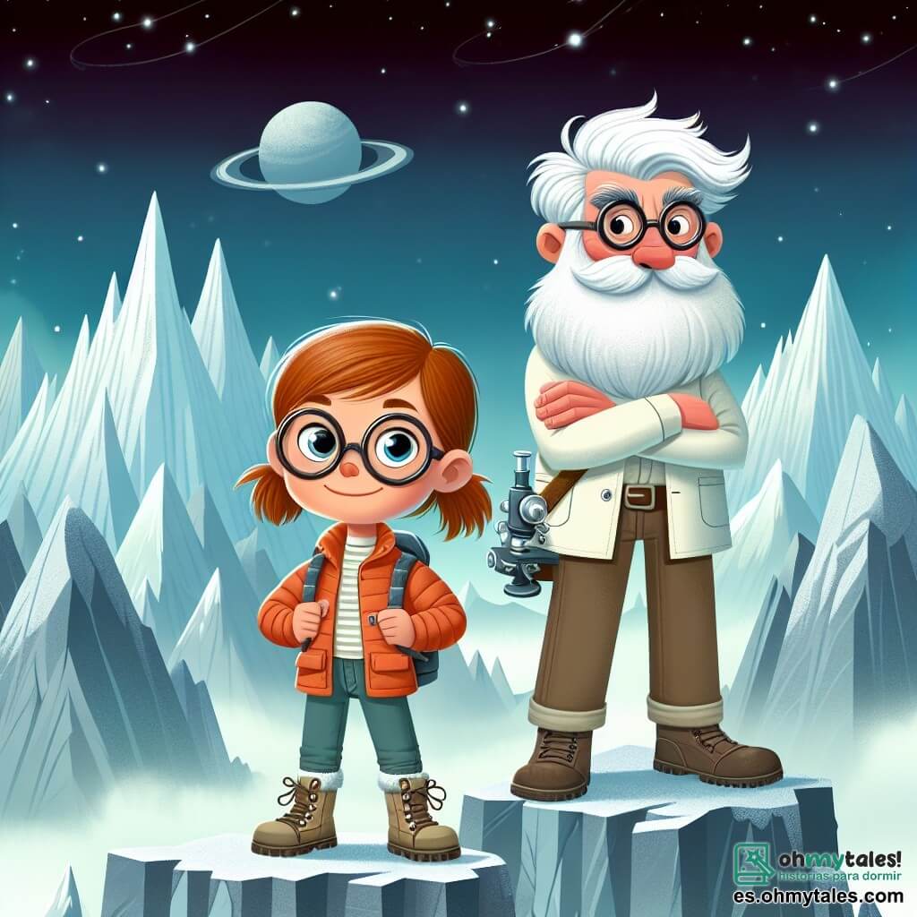 Une illustration destinée aux enfants représentant une courageuse exploratrice (fille) se tenant au sommet d'une montagne enneigée, accompagnée d'un scientifique excentrique (garçon) avec une barbe blanche et des lunettes rondes, dans un paysage majestueux et mystérieux.