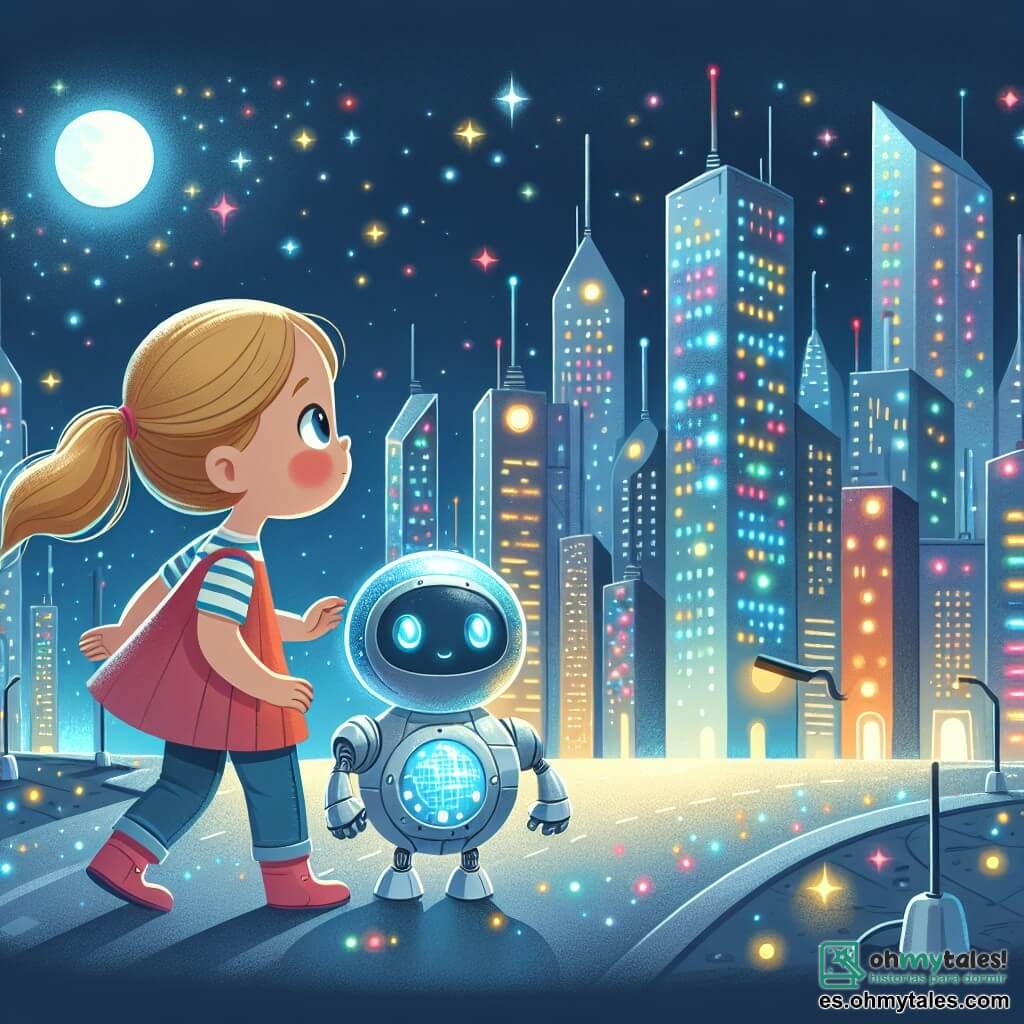 Une illustration destinée aux enfants représentant une petite fille curieuse explorant une ville futuriste scintillante, accompagnée de son fidèle robot en forme de boule brillante, dans la ville de Nova Luna où les rues sont illuminées de lumières colorées et les gratte-ciel s'élèvent vers le ciel étoilé.