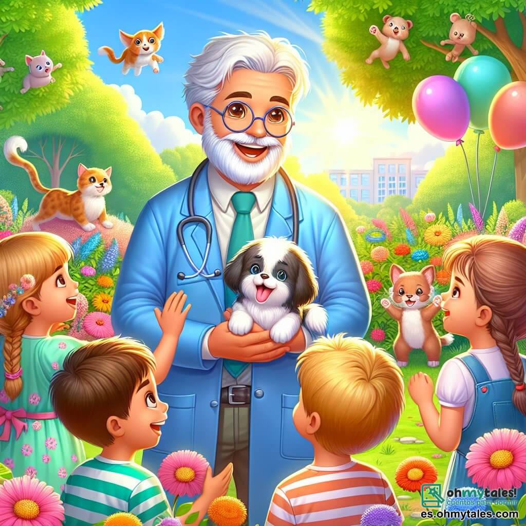 Ilustración que representa un parque soleado, lleno de flores coloridas y árboles con hojas verdes. En el centro, un hombre sonriente, con barba blanca y ojos brillantes, lleva una bata de veterinario azul y sostiene un pequeño perro de peluche en sus brazos. Está rodeado de varios niños, entre ellos dos chicos de aproximadamente 8 años, uno con gafas y cabello castaño, y el otro con cabello rubio despeinado, y una niña de 7 años con un vestido rosa y trenzas. Los niños escuchan atentamente al hombre, cautivados por sus historias sobre los animales. Al fondo, mascotas como un gato y un pequeño conejo juegan alegremente, mientras globos de colores flotan en el aire. La atmósfera es alegre y llena de vida, ilustrando un momento de aprendizaje y compartir sobre el cuidado de los animales.