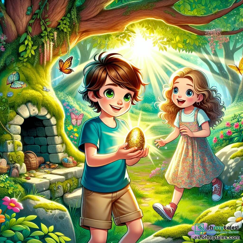 Ilustración que representa un claro de bosque en plena floración, con majestuosos árboles de hojas verdes brillantes y flores coloridas esparcidas por el suelo. En el centro, un niño de 11 años, con cabello castaño y ojos brillantes, lleva una camiseta azul y un pantalón corto beige. Sostiene un huevo dorado brillante en sus manos, su rostro irradia emoción y curiosidad. A su lado, una niña de 10 años, con cabello largo y rizado, vestida con un vestido de flores, observa con asombro el huevo. Están cerca de una vieja estufa de piedra cubierta de musgo, rodeados de rayos de sol que filtran a través de las ramas, creando una atmósfera mágica. Sus expresiones muestran la anticipación de una gran aventura por venir, mientras un pequeño mariposa colorida vuela a su alrededor, añadiendo un toque de vida a la escena.