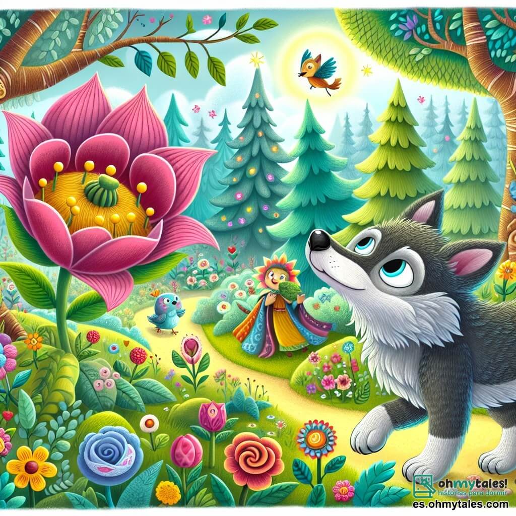 Une illustration destinée aux enfants représentant un loup curieux et différent des autres, découvrant un jardín magique rempli de fleurs parlantes, en compagnie d'une fleur sage et aimable, dans un bois enchanté aux arbres majestueux et aux couleurs vives.
