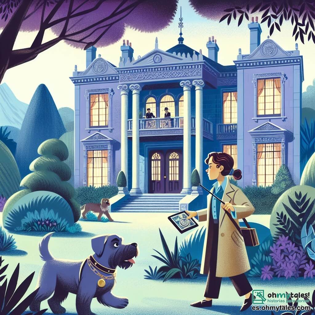 Une illustration destinée aux enfants représentant une jeune détective brillante, accompagnée de son fidèle chien détective, enquêtant sur un mystérieux vol dans une majestueuse mansión violette entourée de jardins luxuriants.