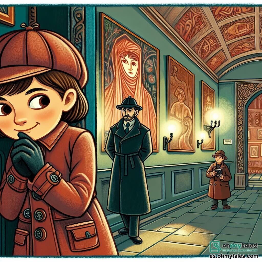 Une illustration destinée aux enfants représentant une jeune détective malicieuse observant furtivement un mystérieux gardien dans un musée ancien et sombre aux murs ornés de peintures énigmatiques.