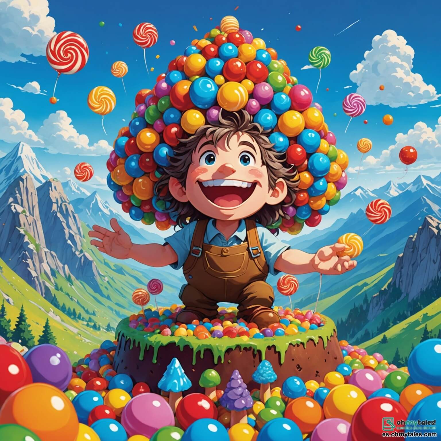 Une illustration destinée aux enfants représentant un gigantesque géant aux cheveux en désordre, avec un sourire éclatant et des yeux pétillants de malice, se tenant au bord d'une montagne de bonbons multicolores, entouré de petits golemtitos espiègles aux chapeaux colorés, tous riant aux éclats alors qu'ils s'apprêtent à partager un immense gâteau en forme de nuage, le tout sous un ciel bleu éclatant parsemé de nuages en forme de guimauve, où les arbres en sucre d'orge s'élèvent majestueusement, créant une scène féerique et joyeuse qui invite à l'aventure et à l'amitié.