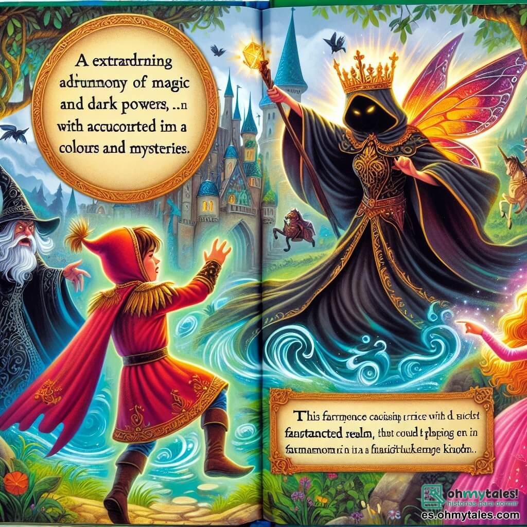 Une illustration destinée aux enfants représentant un prince courageux affrontant une maléfique hechicera aux pouvoirs sombres, accompagné d'une belle fée lumineuse, dans un royaume enchanté nommé Fantasierra, où la magie et l'aventure se mêlent dans un tourbillon de couleurs et de mystères.