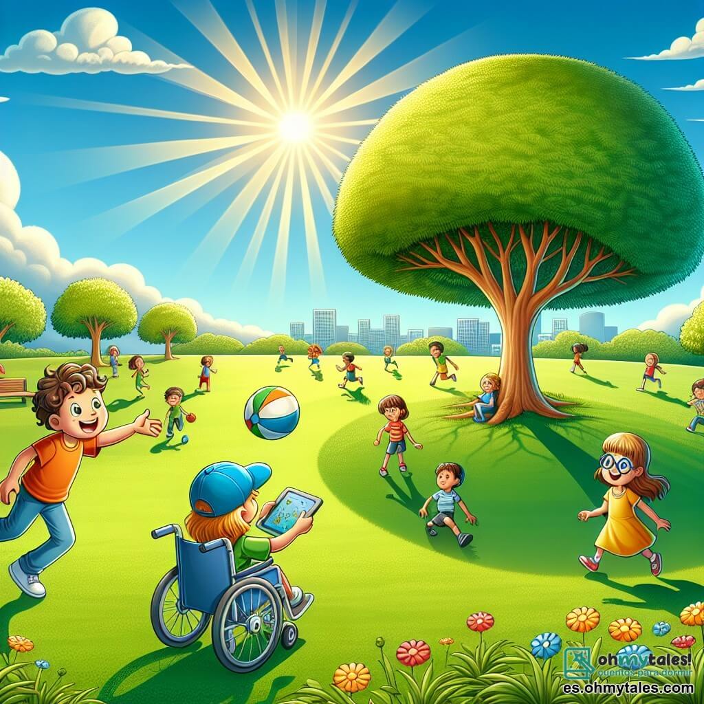 Ilustración que representa un parque soleado, con un cielo azul brillante salpicado de algunas nubes blancas esponjosas. En el centro, un gran árbol de hojas verdes exuberantes ofrece sombra sobre un césped verde, donde flores coloridas bailan suavemente al ritmo del viento. En esta escena, un niño de unos 10 años, con cabello rizado y redondeado, lleva una gorra azul y sonríe alegremente mientras lanza una pelota. A su lado, una niña de 9 años, vestida con un vestido amarillo brillante, corre con entusiasmo, con su largo cabello ondeando detrás de ella. Otro niño, de 11 años, está sentado en una silla de ruedas, con una mirada decidida, sosteniendo una tableta en sus manos, mientras una niña de 10 años, con gafas y cabello castaño, se acerca para mirar la pantalla con curiosidad. La situación principal muestra a los niños jugando juntos, alternando entre el juego de pelota y el interés por la tableta, ilustrando el contraste entre la diversión del juego al aire libre y el atractivo de las pantallas. En el fondo, otros niños juegan y los padres se relajan en bancos, creando una atmósfera alegre y amigable.