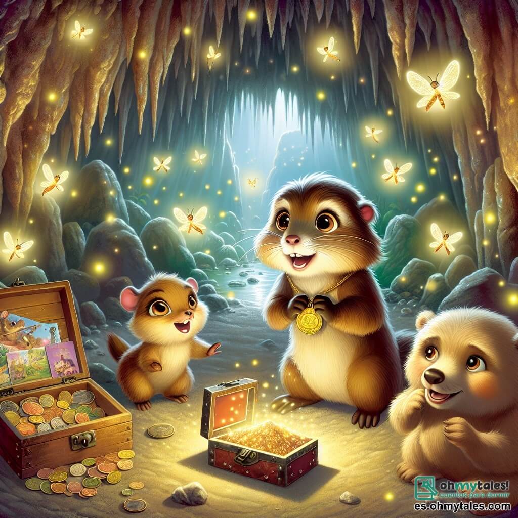 Ilustración que representa una escena mágica en una cueva secreta, iluminada por luciérnagas brillantes que bailan en el aire. Las paredes de la cueva están adornadas con rocas brillantes y pequeñas estalactitas, creando una atmósfera de cuento de hadas. En el centro, una marmota de pelaje marrón y sedoso, con grandes ojos brillantes de curiosidad, se sostiene sobre sus patas traseras, sosteniendo una medalla dorada en sus pequeñas patas. A su lado, dos amigos: una suricata traviesa con pelaje beige y ojos pícaros, que salta de alegría, y un oso perezoso de pelaje marrón claro, acostado en el suelo, observando con una sonrisa soñadora. Juntos, descubren una vieja caja de metal oxidada, llena de recuerdos del zoológico, mientras destellos de luz de las luciérnagas iluminan su hallazgo. La atmósfera está llena de misterio y aventura, con sombras suaves y colores vivos que atraen la atención de los niños.