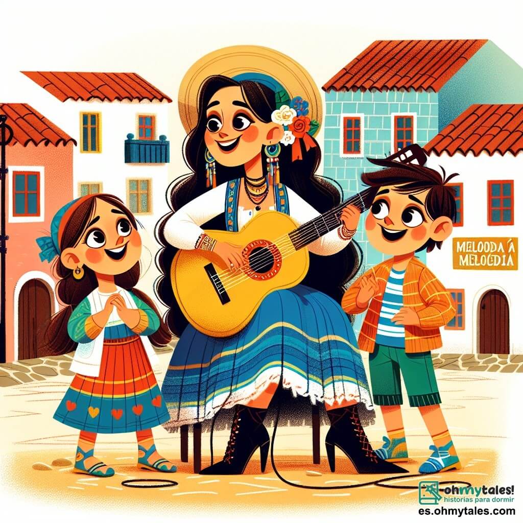 Une illustration destinée aux enfants représentant une chanteuse et musicienne talentueuse, accompagnée de deux enfants curieux, dans un petit village coloré nommé Melodía, où la musique résonne joyeusement à travers les rues pavées et les maisons aux toits de tuiles rouges.