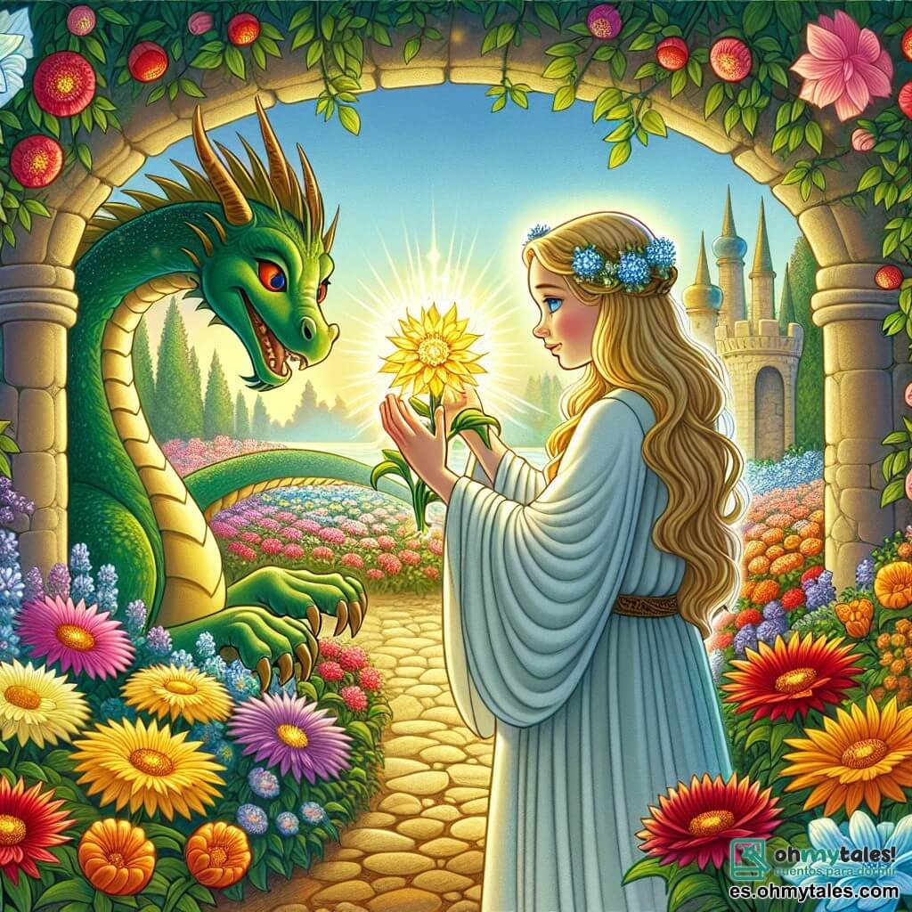 Une illustration sous forme de dessin destinée aux enfants représentant un magnifique jardin secret rempli de fleurs colorées sous un ciel ensoleillé, où une femme aux longs cheveux dorés et aux yeux bleus éclatants, vêtue d'une robe légère, se penche avec émerveillement pour admirer une brillante fleur dorée au centre, tandis qu'à ses côtés, un grand dragon aux écailles vertes et aux yeux rouges, au regard amical, l'observe avec curiosité, symbolisant leur amitié naissante alors qu'ils cherchent ensemble la Flor de la Sagesse pour aider leur monde.