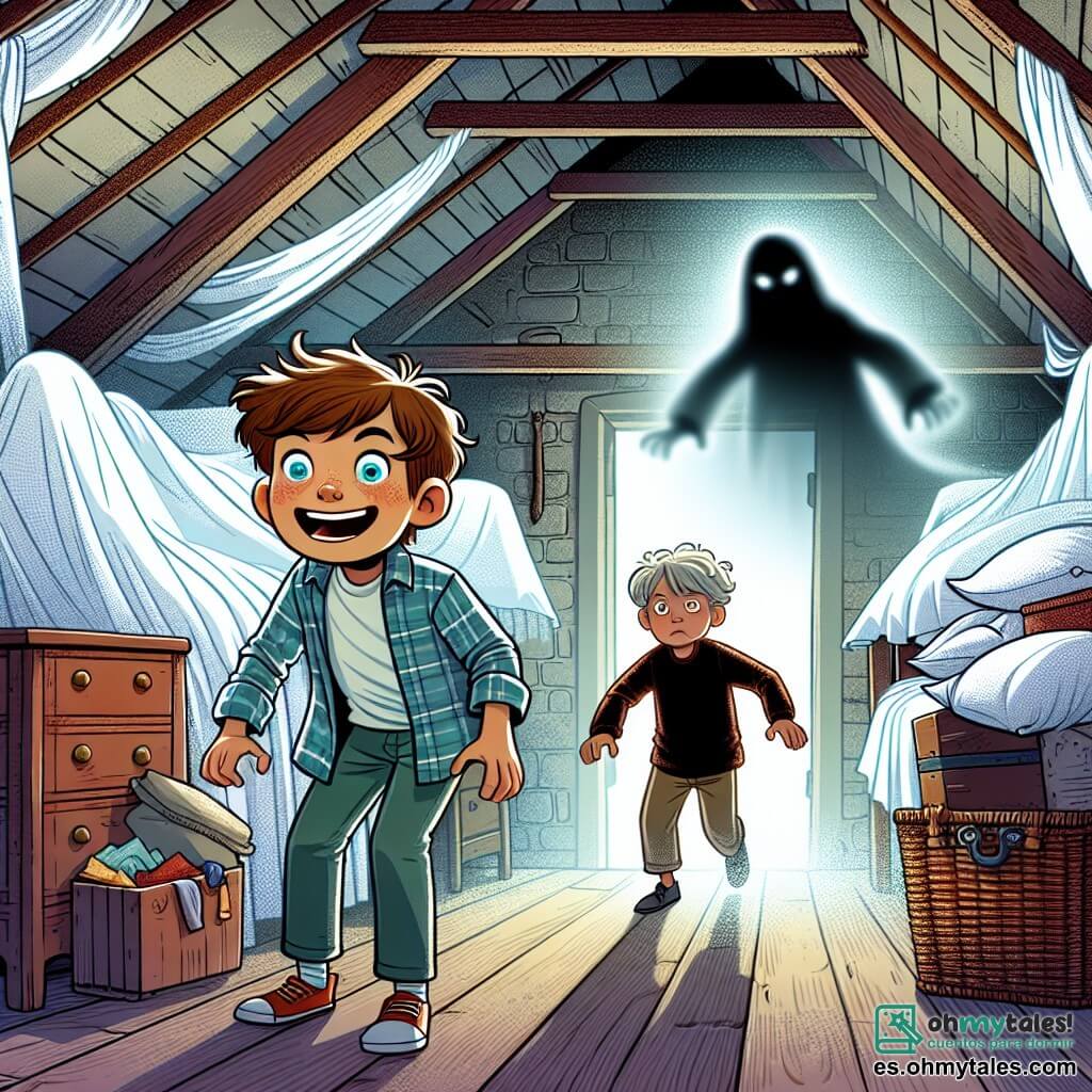 Une illustration sous forme de dessin destinée aux enfants représentant l'intérieur d'une vieille mansarde sombre, avec des murs couverts de poussière et des meubles recouverts de draps blancs, où un garçon de 11 ans aux cheveux ébouriffés et aux yeux brillants d'excitation, tenant une lampe de poche, se tient courageusement devant une silhouette floue d'un autre garçon aux traits tristes, flottant dans une brume mystérieuse, alors qu'ils font face à une ombre menaçante qui semble se mouvoir dans l'obscurité, créant une atmosphère à la fois intrigante et légèrement inquiétante.