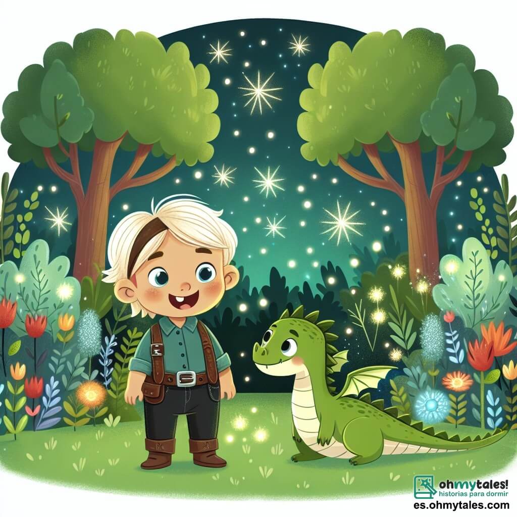 Une illustration destinée aux enfants représentant un jeune garçon joyeux se tenant aux côtés d'un petit dragon vert, dans un bosquet enchanté rempli de fleurs lumineuses et d'arbres aux feuilles scintillantes.